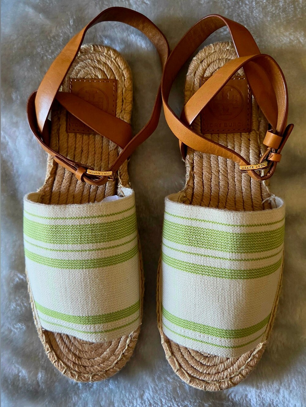Tory Burch Green Stripe Espadrille Sandals with Tan Leather Straps